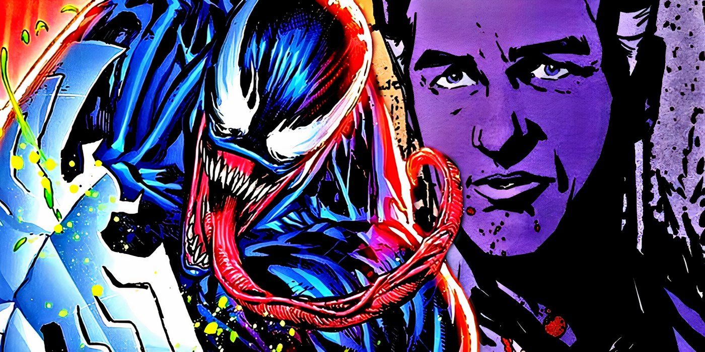 Venom sticking out his tongue with the Purple Man behind him.