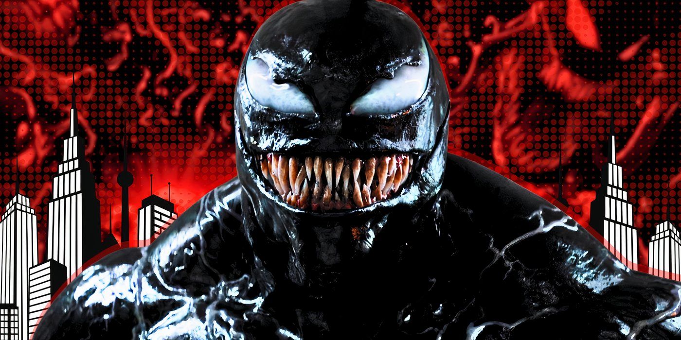 Custom image osf Sony's Venom smiling on a red cityscape background