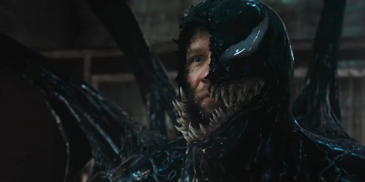 Eddie Brock (Tom Hardy) looks out from inside Venom in Venom: The Last Dance