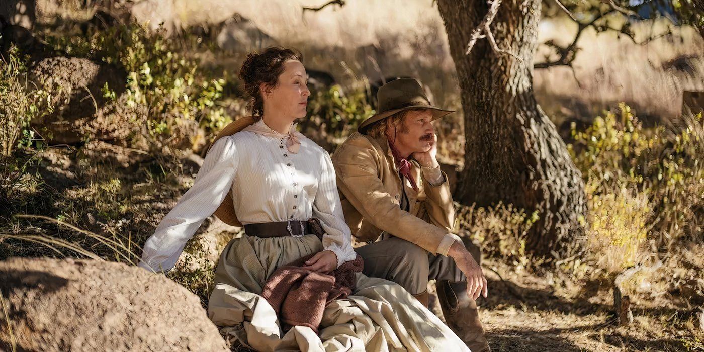 Viggo Mortensen and Vicky Krieps sit together near a river in The Dead Don&rsquo;t Hurt still