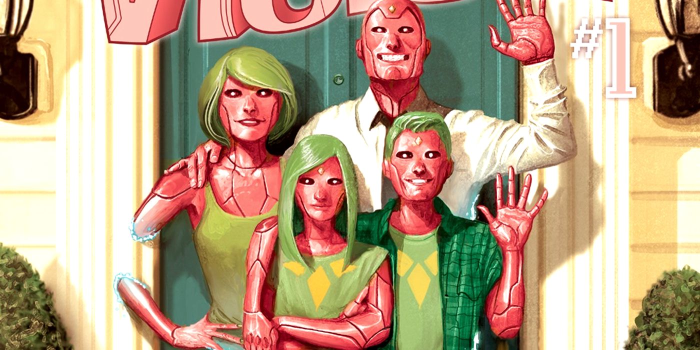 The Vision teleports through a door with his android wife, daughter, and son. 