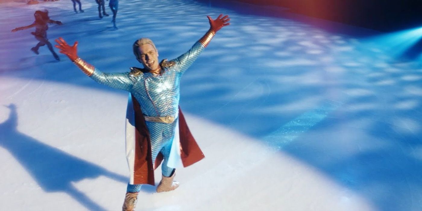 Actor dressed on Homelander ice skating in Vought on Ice in The Boys season 4