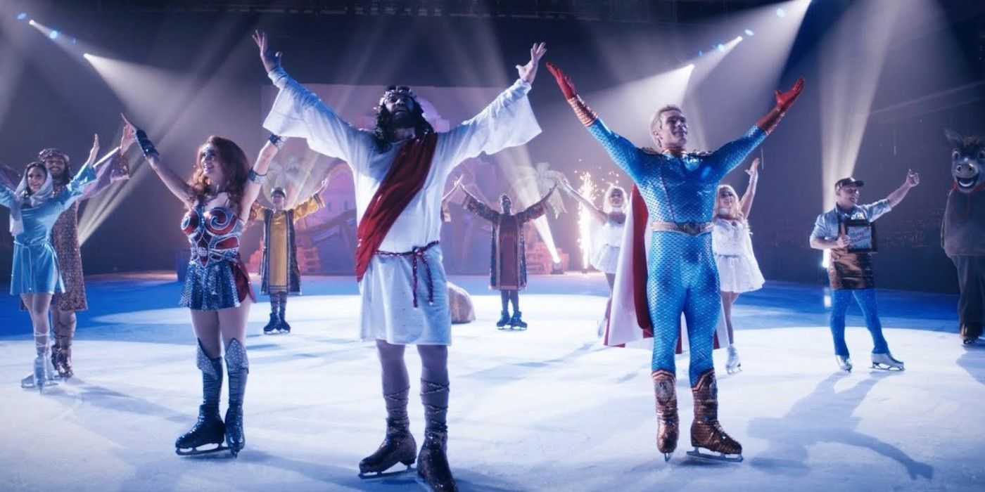 Actors dressed as Queen Maeve, Jesus, and Homelander in Vought On Ice in The Boys season 4