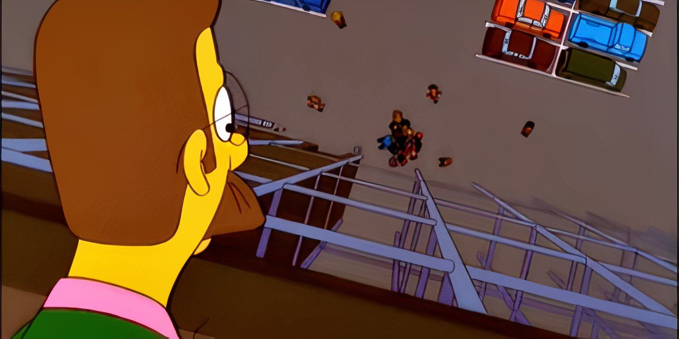 Ned Flanders vendo Maude caindo para a morte em Os Simpsons Temporada 11, Episódio 14, “Alone Again, Natura-Diddily”