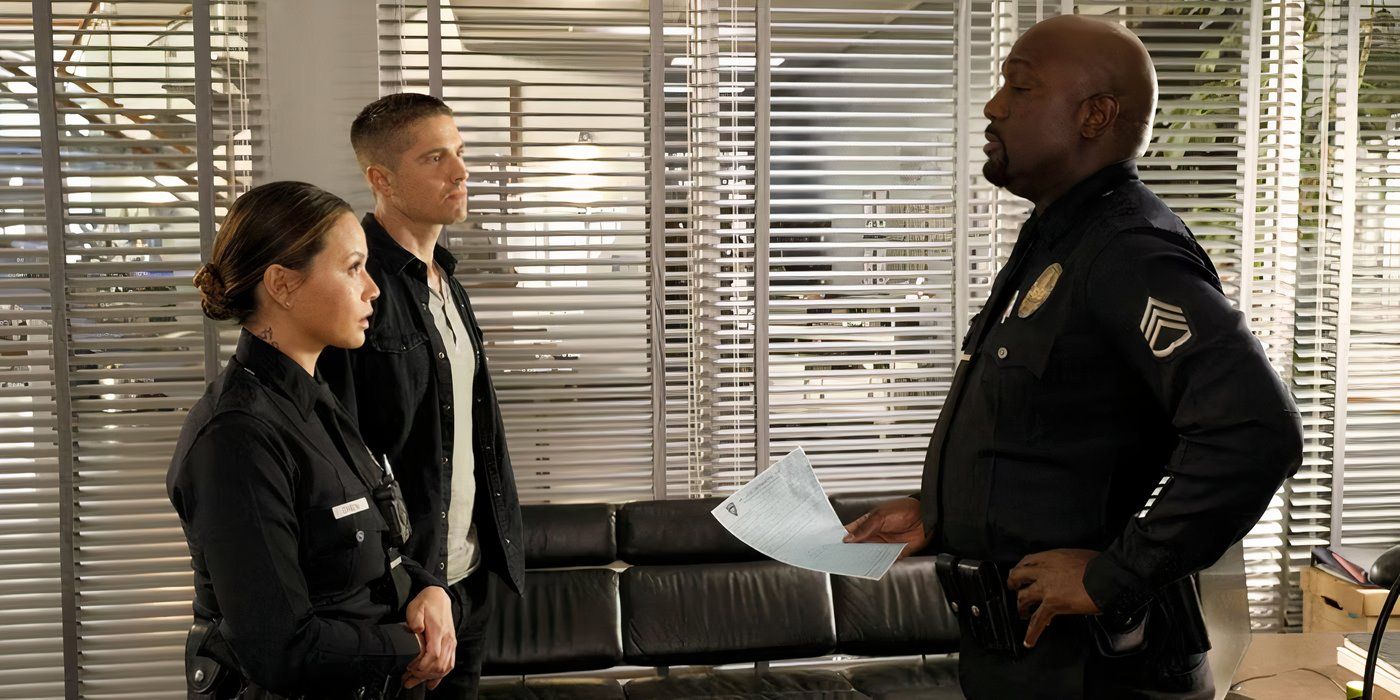 Wade (Richard T. Jones) conversando com Lucy (Melissa O'Neill) e Tim (Eric Winter) em The Rookie