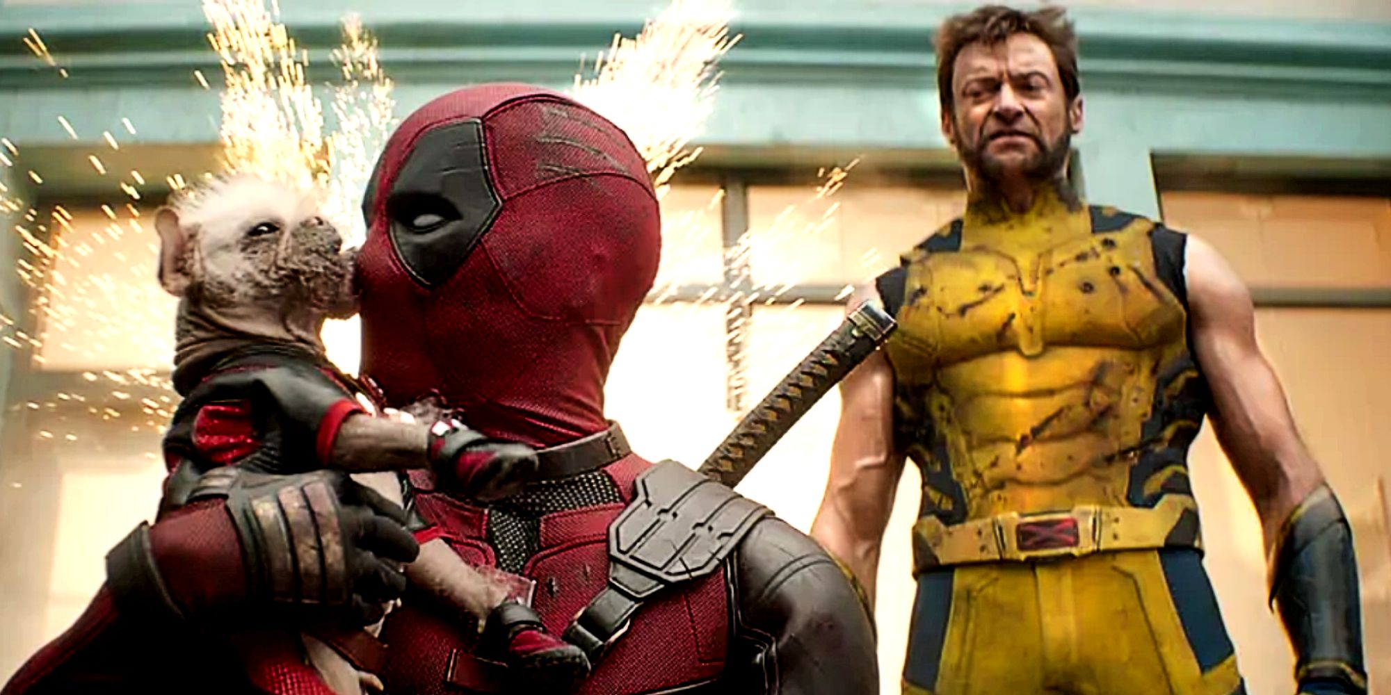 Wade Wilson Holds Dogpool while Wolverine Watches in the Deadpool & Wolverine Trailer