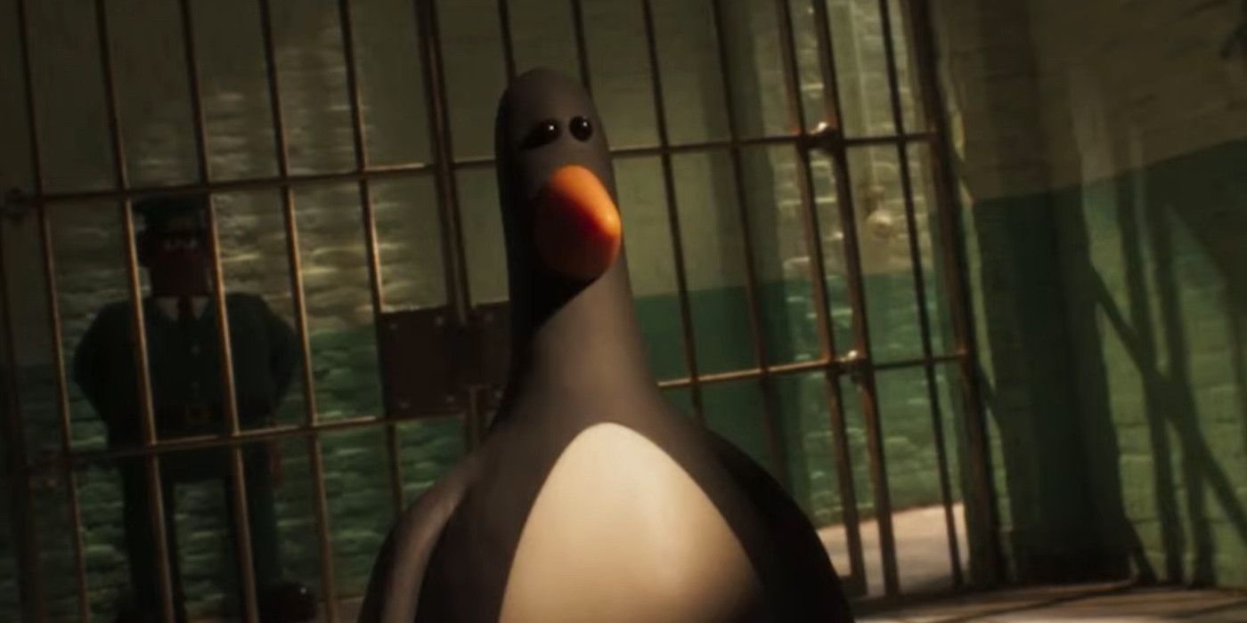 Feathers McGraw stands in a prison cell in Wallace and Gromit Vengeance Most Fowl