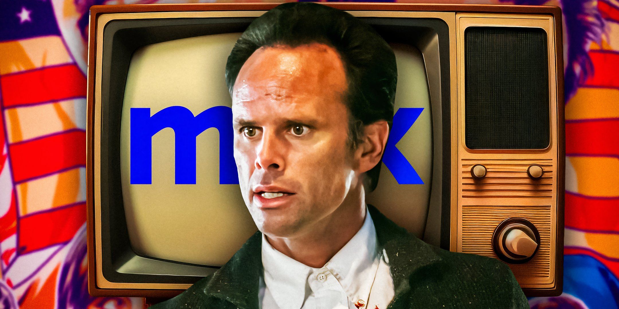 Walton Goggins as Boyd Crowder from Justified in front of a CRT TV with the Max logo on it