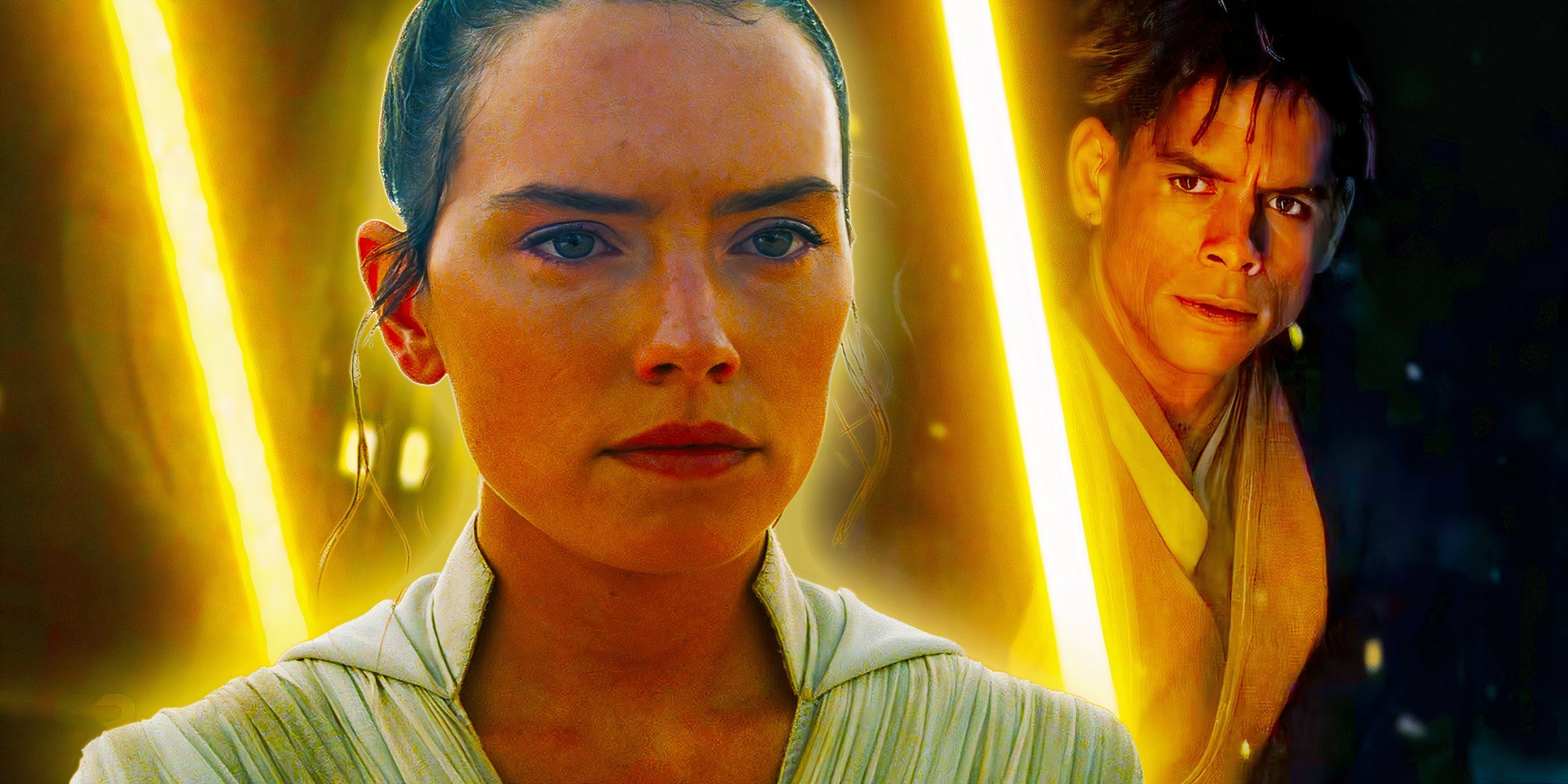 Rey with her yellow lightsaber and Yord