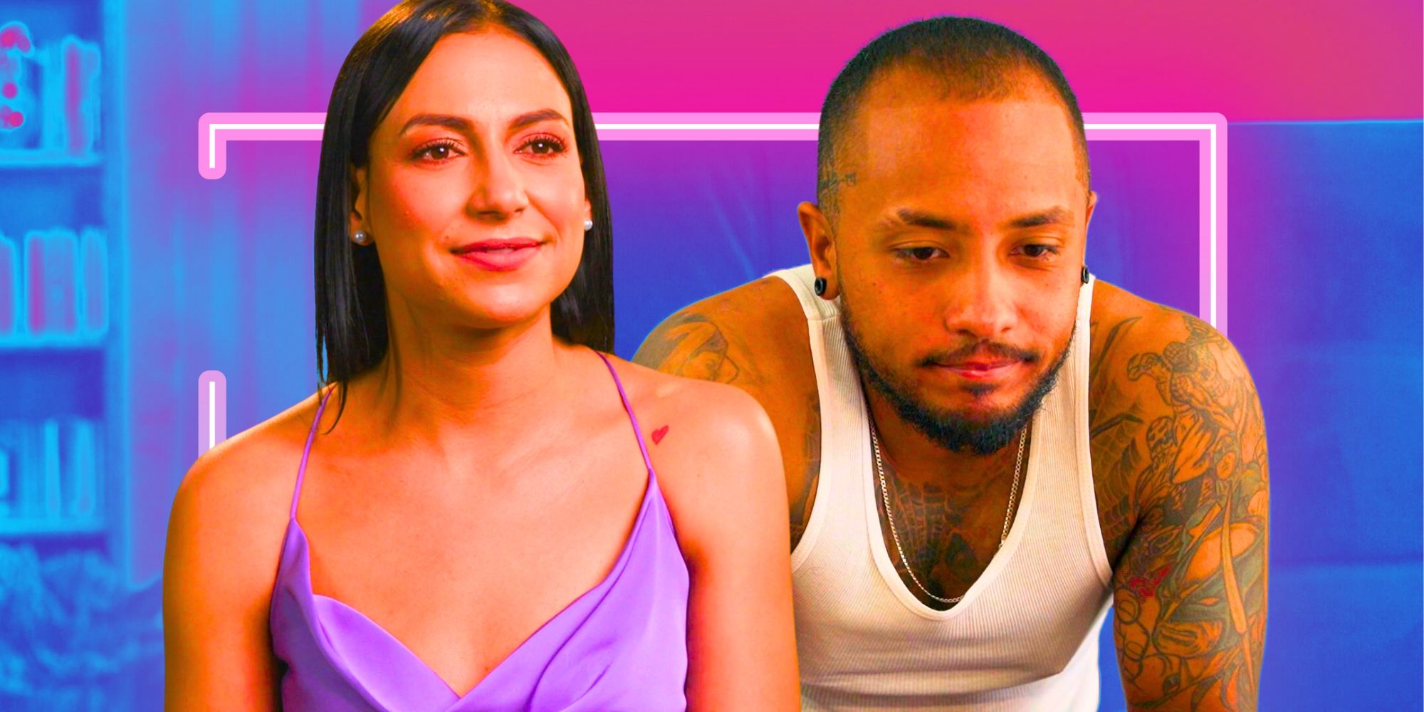 Gabriel Paboga in white tank top looking dejected and Isabel Posada next to him, smiling in purple dress in 90 Day Fiancé