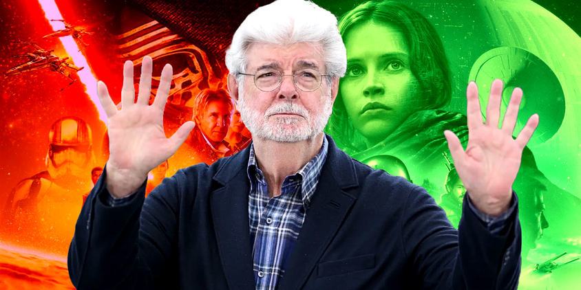 George Lucas holding up his hands with a red-tinted Force Awakens poster in the left background and a green-tinted Rogue One poster in the right background.