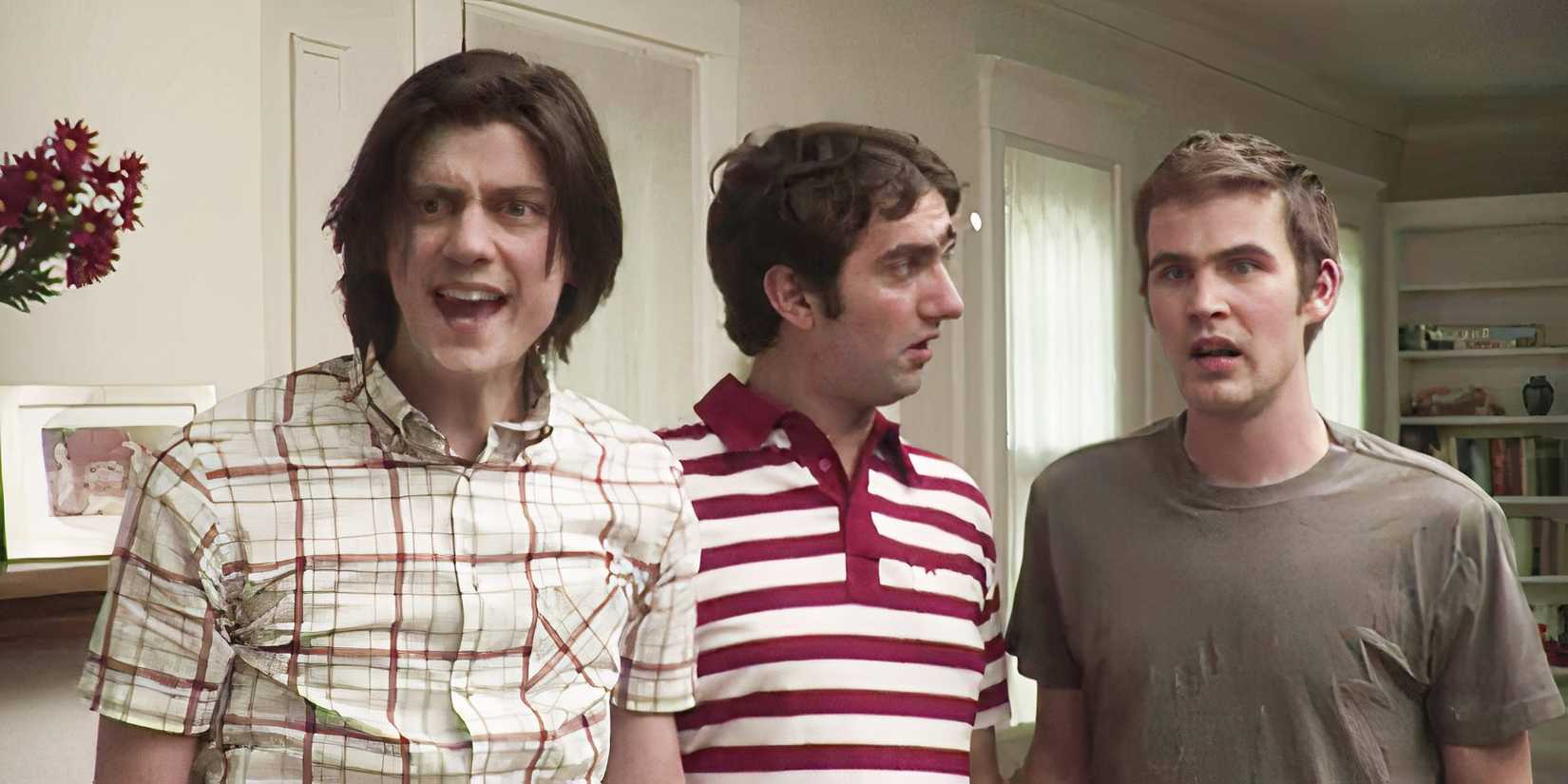 Trevor Moore, Sam Brown, and Zach Cregger looking shocked in a Whitest Kids U Know sketch.