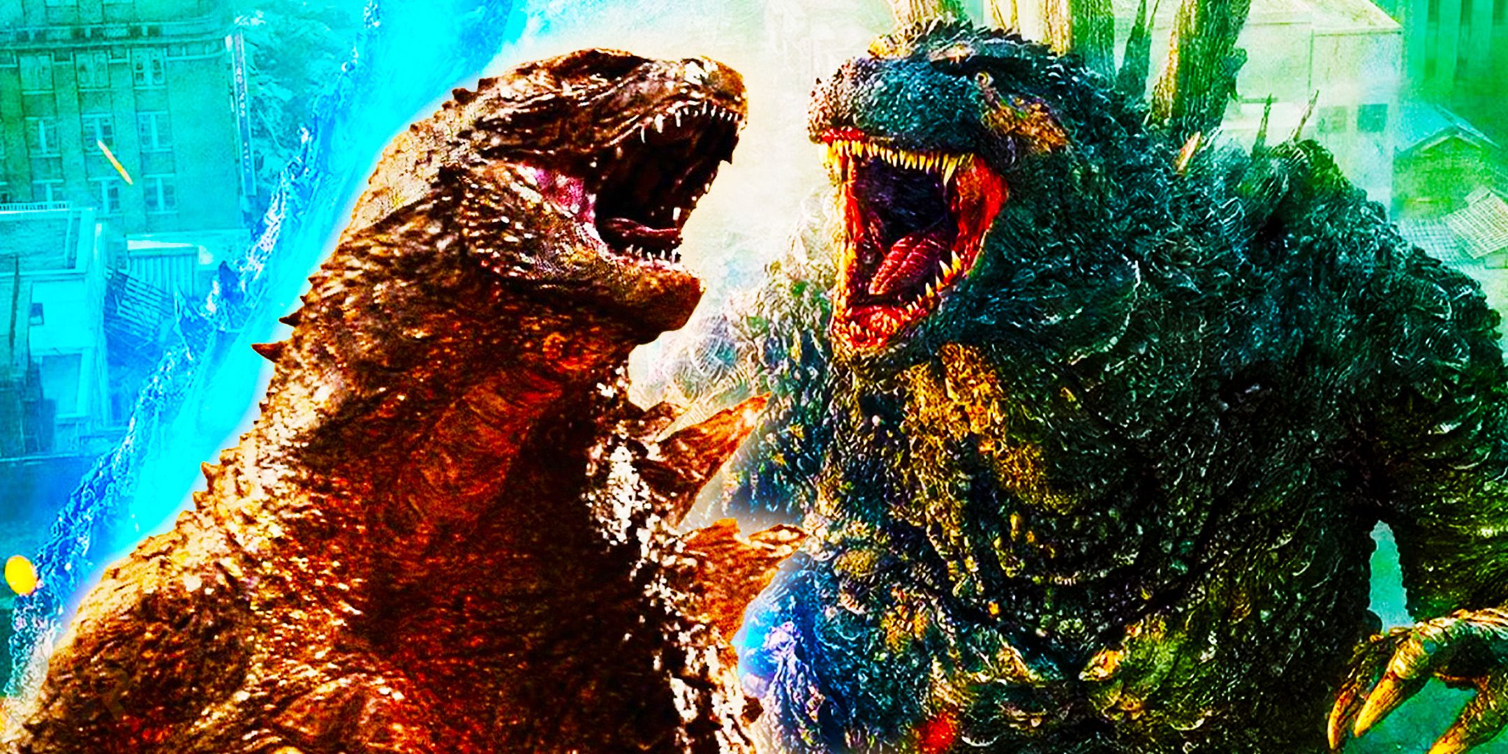 Two different versions of Godzilla screaming in their respective movies