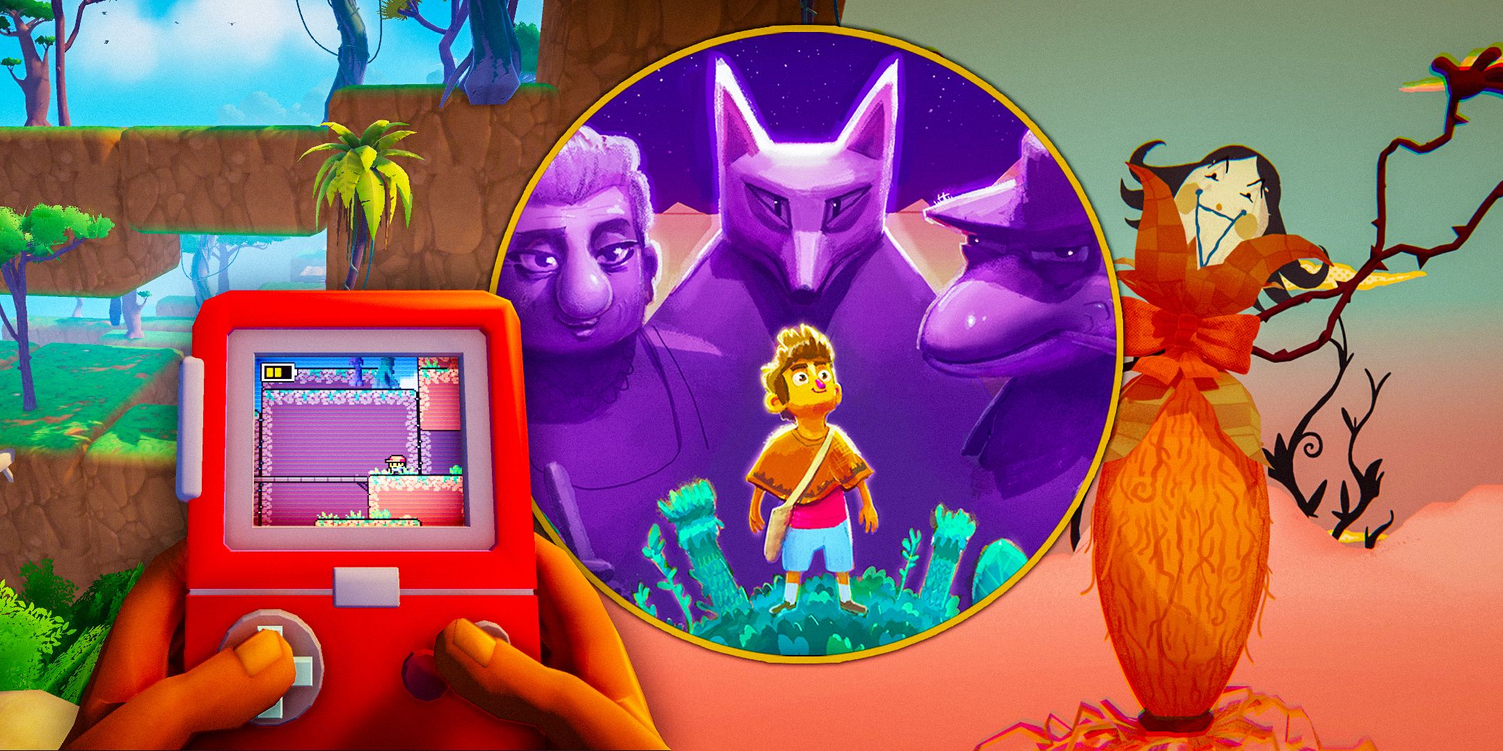From left to right, hands holding a red handheld game device, a young boy surrounded by purple statues, and an evil looking woman who appears to be made of hay with squiggling arms.