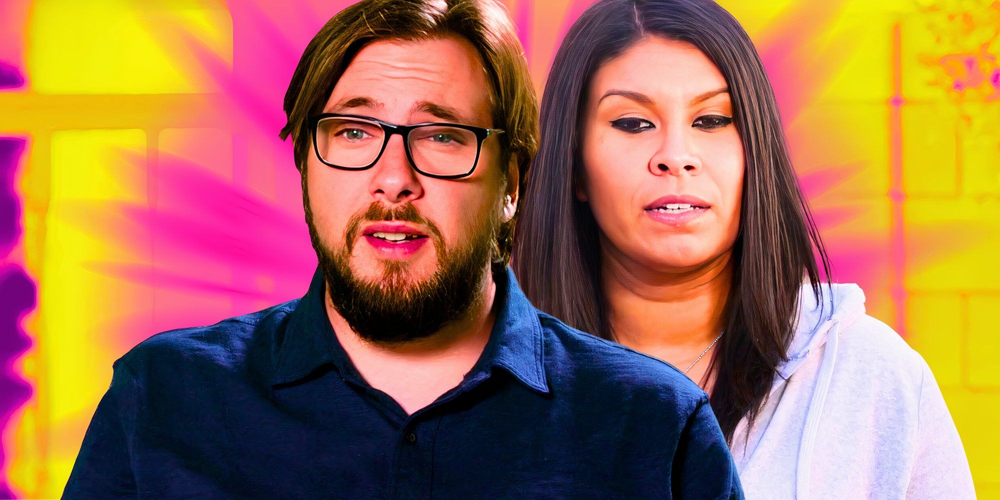 Colt Johnson in blue shirt and glasses and Vanessa Guerra pink hoodie making disgusted expressionIn 90 Day Fiance