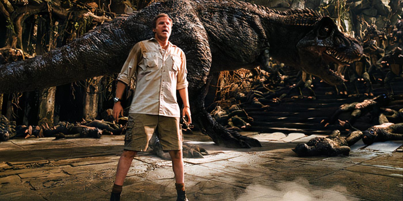 Will Farrell's Rick Marshall with a T-Rex behind him in Land of the Lost