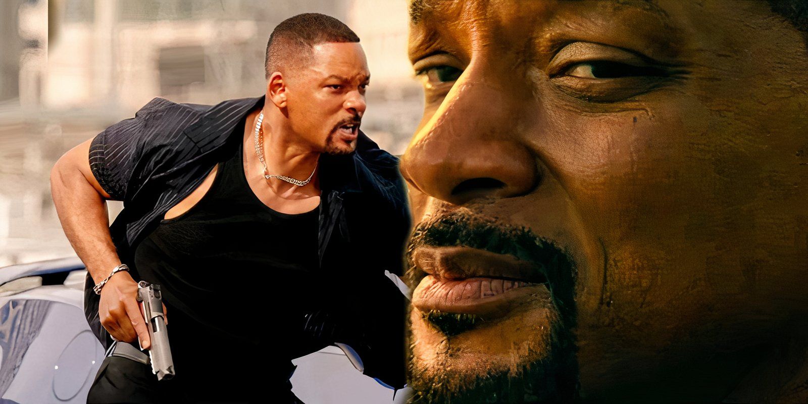 Will Smith as Mike Lowrey holding a gun next to a closeup of Mike in Bad Boys Ride or Die