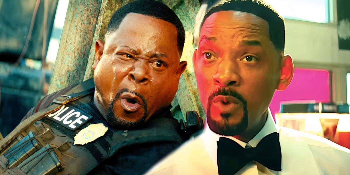 Martin Lawrence as Marcus Burnett taking cover next to Will Smith as Mike Lowrey wearing a bowtie in a convenience store in Bad Boys Ride Or Die