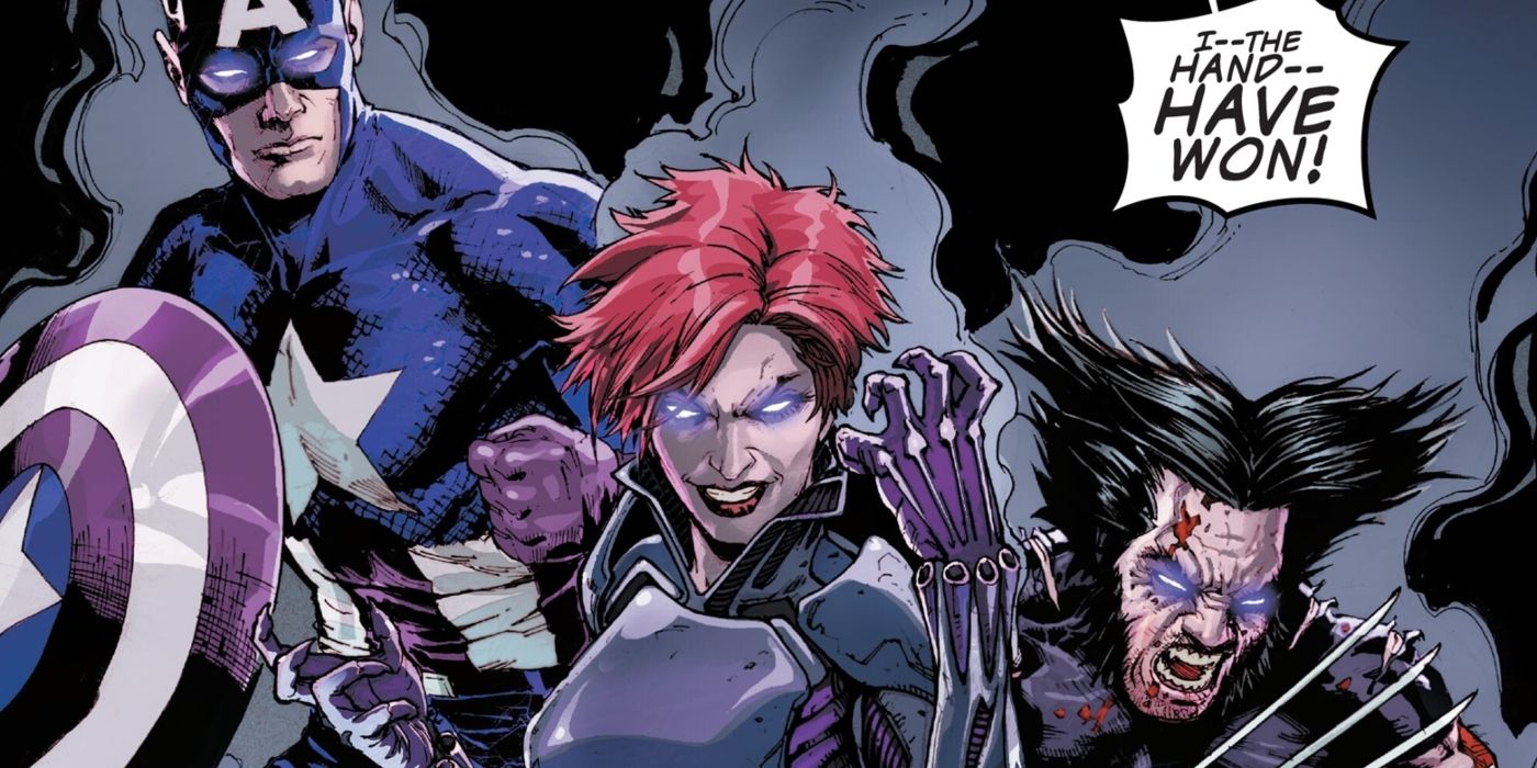 Black Widow, Captain America, and Wolverine in new dark costumes.