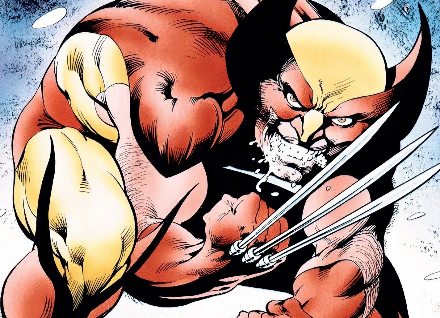 Wolverine agachado na neve e estalando as garras enquanto sorria.