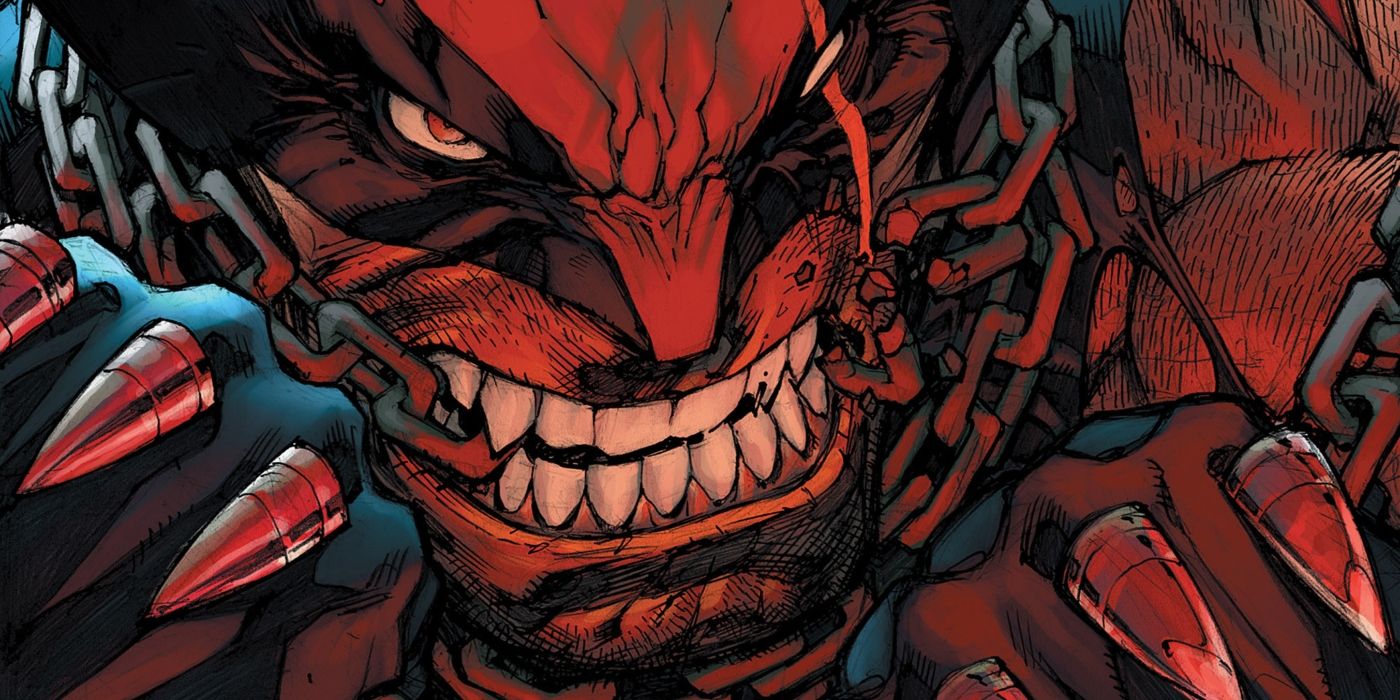 Wolverine encharcado de vermelho, cerrando os dentes com correntes enroladas no rosto.