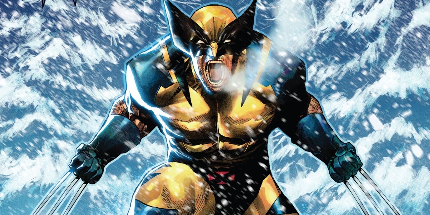 Wolverine screaming with his claws drawn, standing in the snow. 