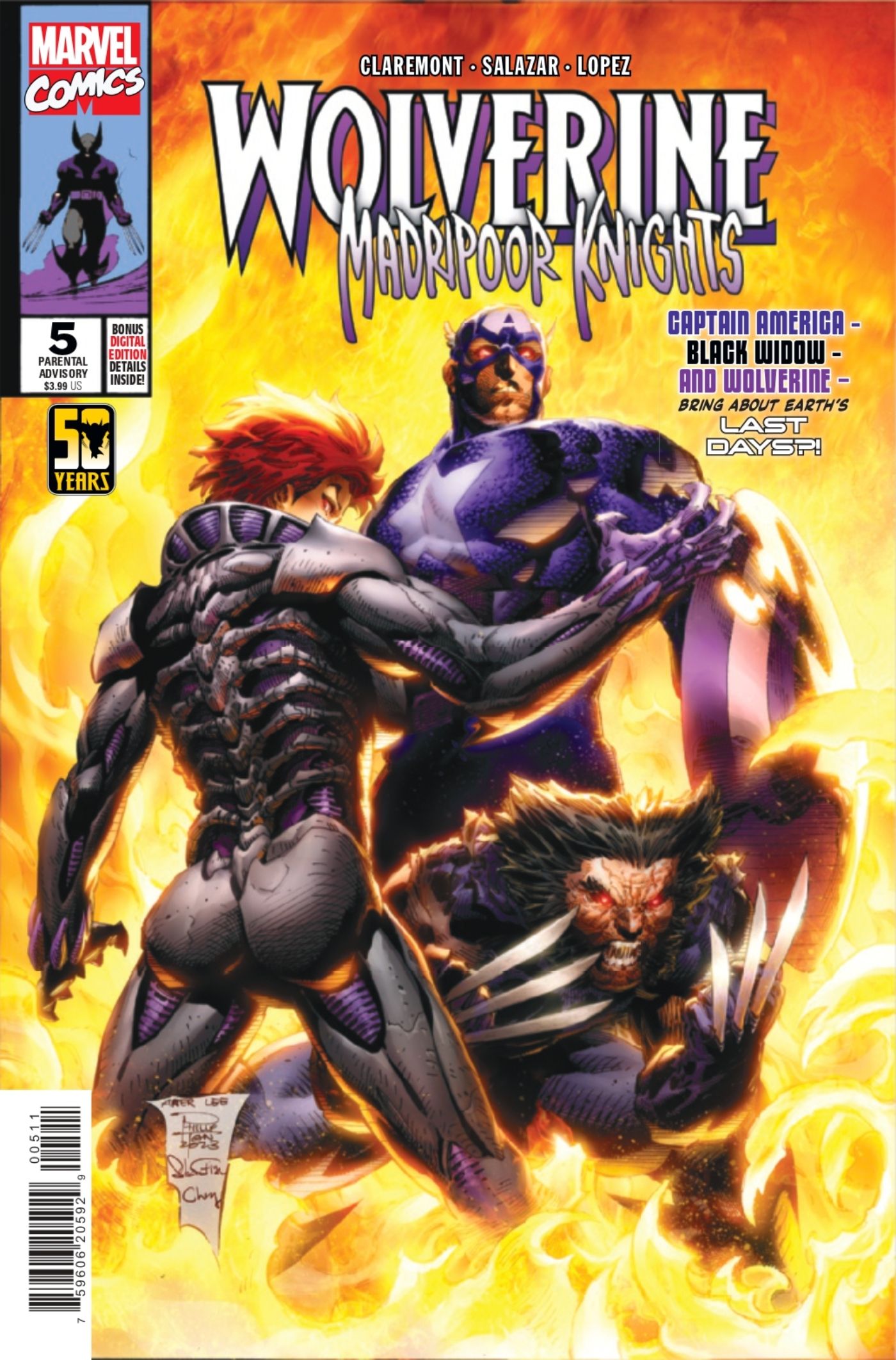 Wolverine: capa de Madripoor Knights #5, Viúva Negra, Wolverine e Capitão América em seus novos trajes de vilões.