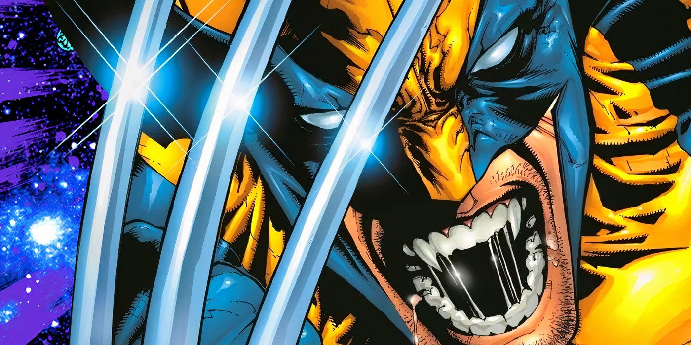 Close de Wolverine rosnando e mostrando suas garras, contra um cenário cósmico.