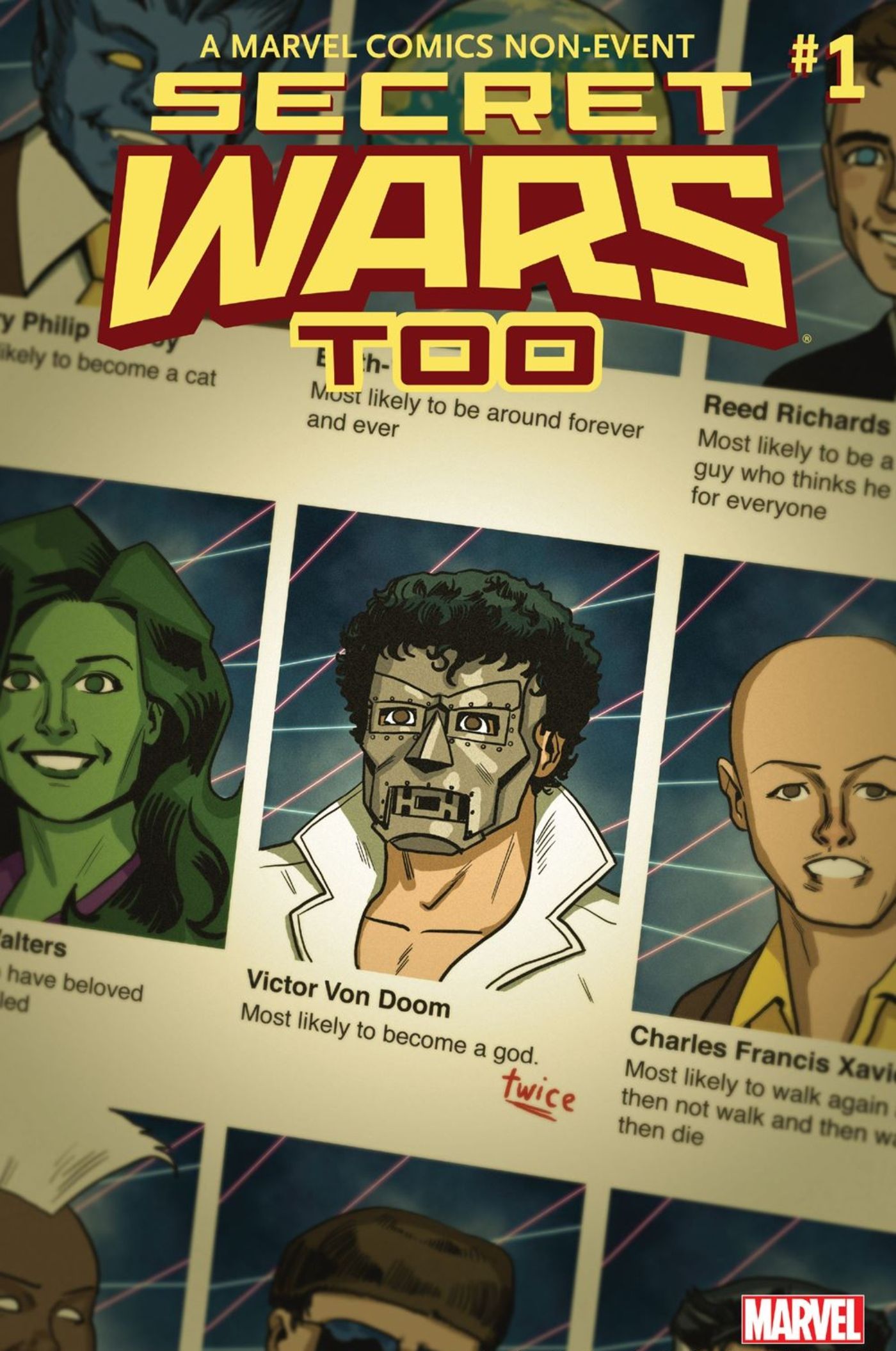 Cover of Marvel Comics' Secret Wars Too featuring gag yearbook photos of Marvel characters.