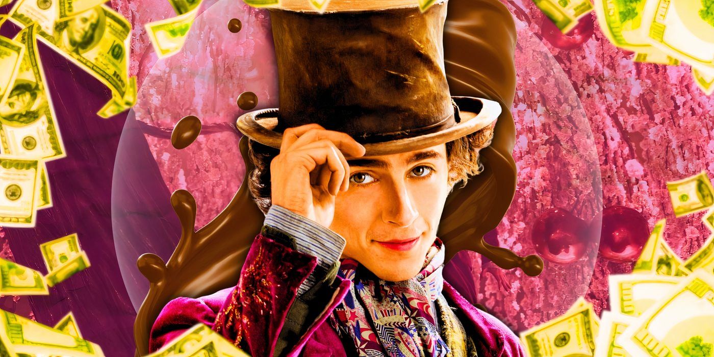 Timothée Chalamet as Willy Wonka with money