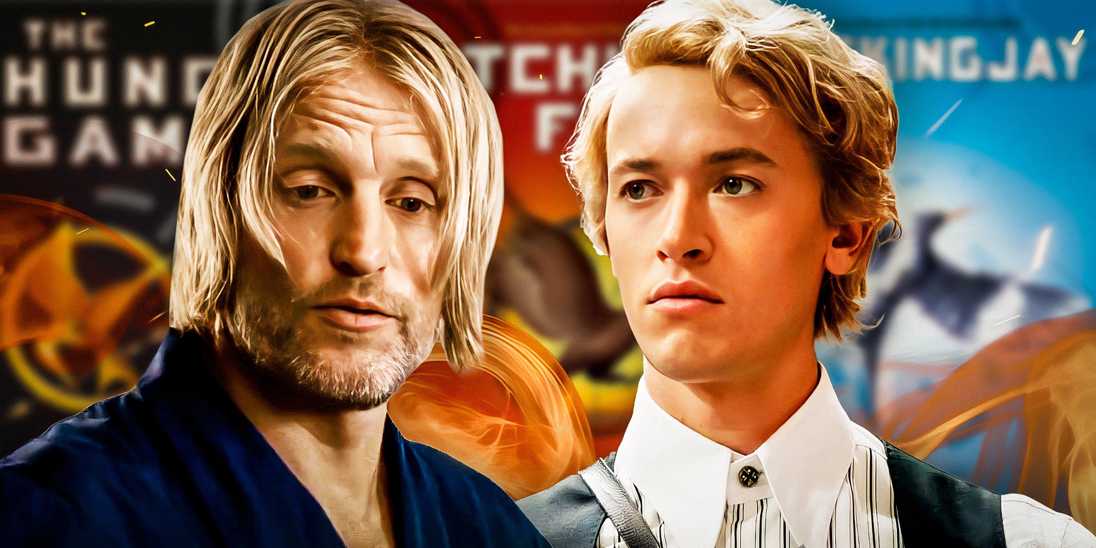 Woody Harrelson as Haymitch in The Hunger Games and Tom Blyth as Snow in The Ballad of Songbirds and Snakes.