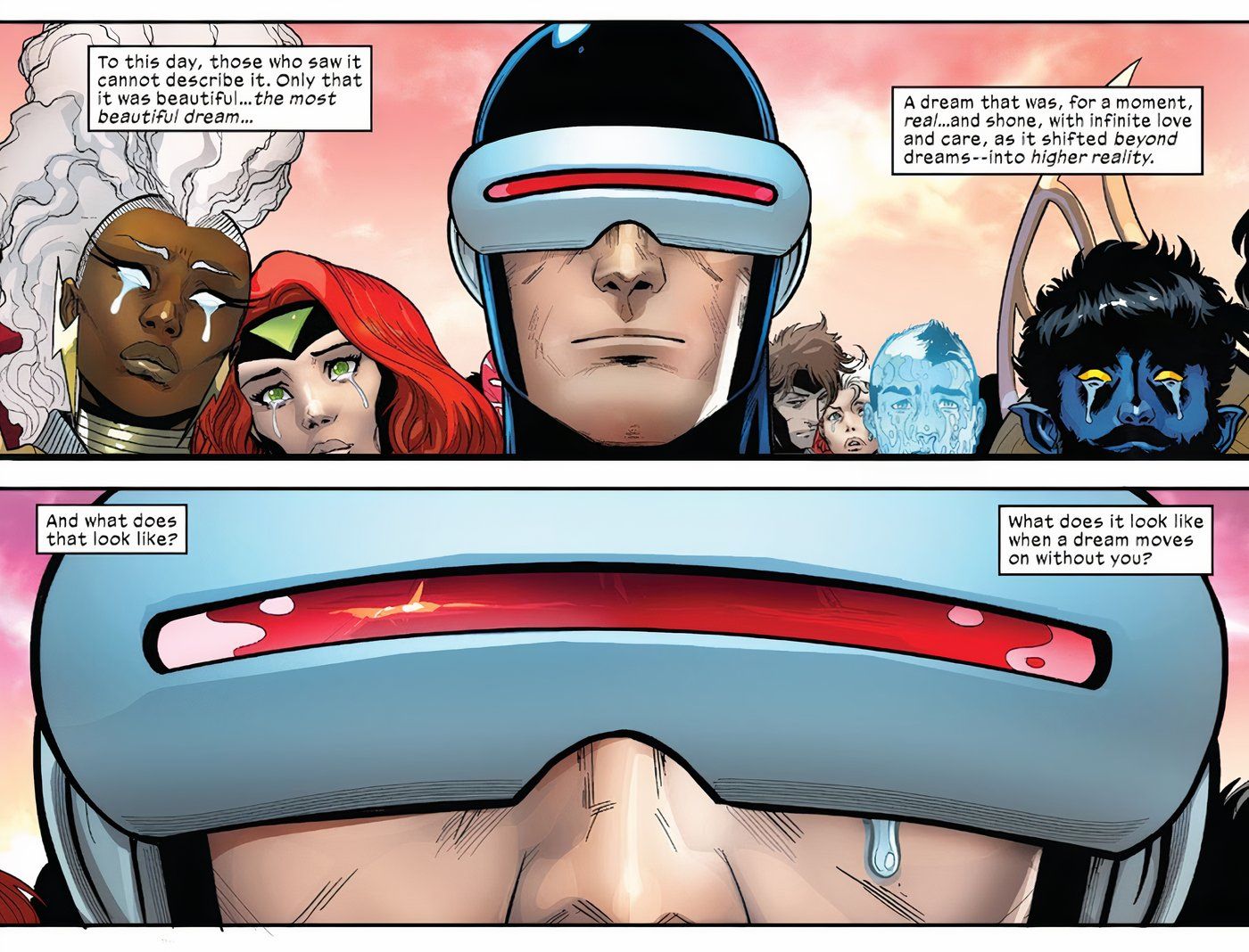 X-Men #35, Cyclops crying as Krakoa leaves their plane of existence.