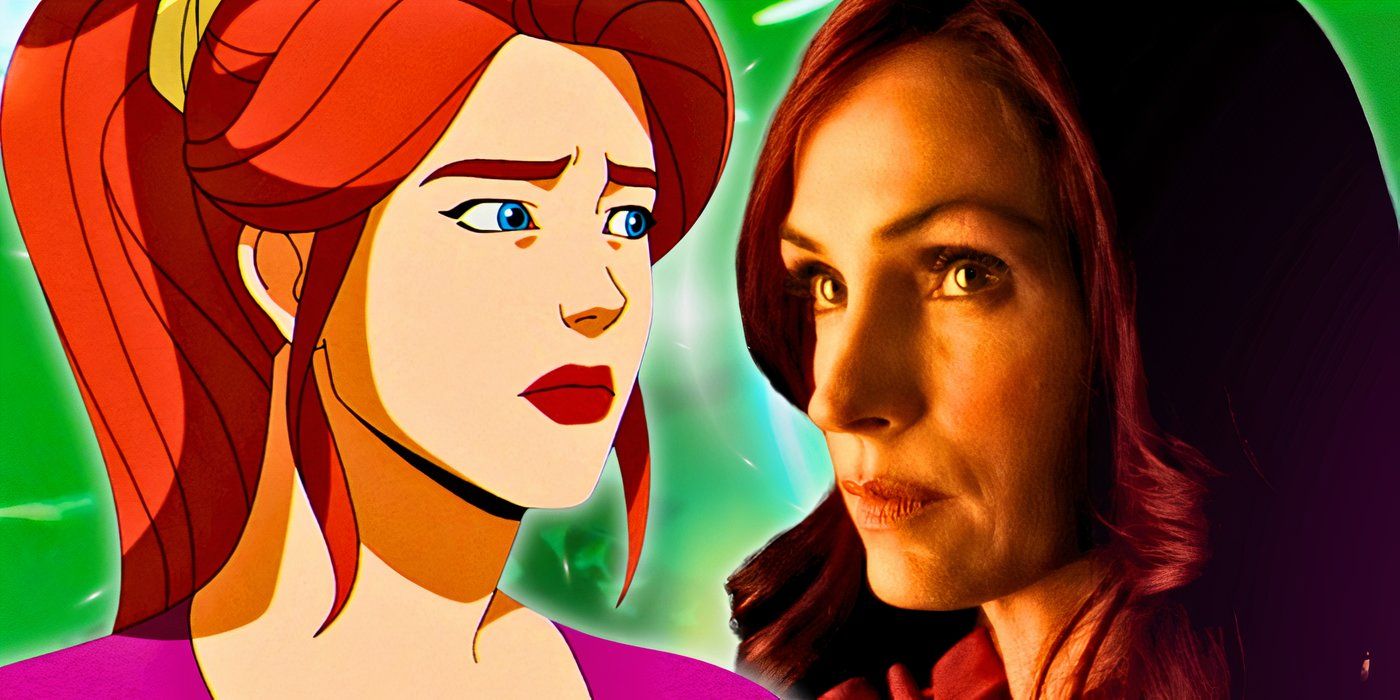 Custom image of Jean Grey from X-Men '97 and Fox's X-Men both looking concerned on a green background