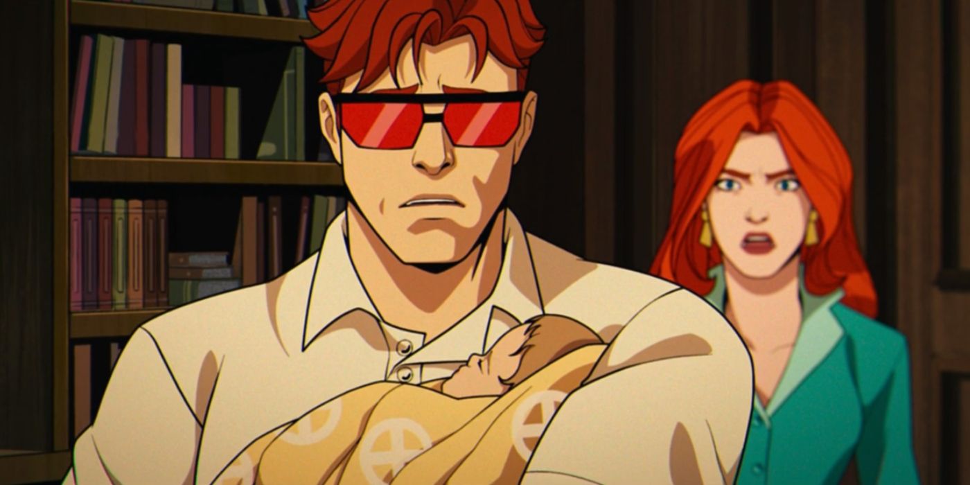 X-Men 97's Cyclops holding his son with Madelyne Pryor behind him.