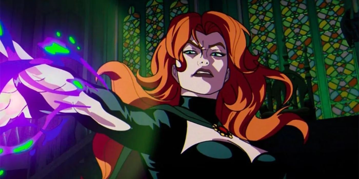 Madelyne Pryor, do X-Men '97, empunhando magia. 