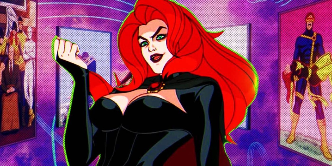 X-Men 97's Madelyne Pryor with screens behind her featuring the X-Men.