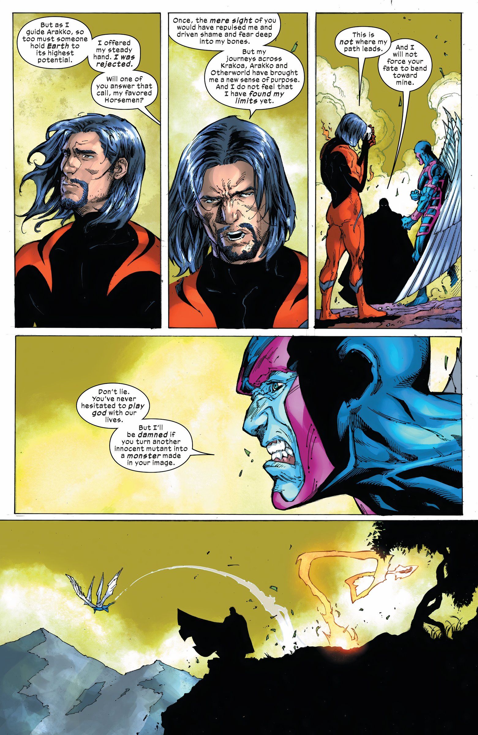 Five panels of Sunfire and Archangel turning down Apocalypse