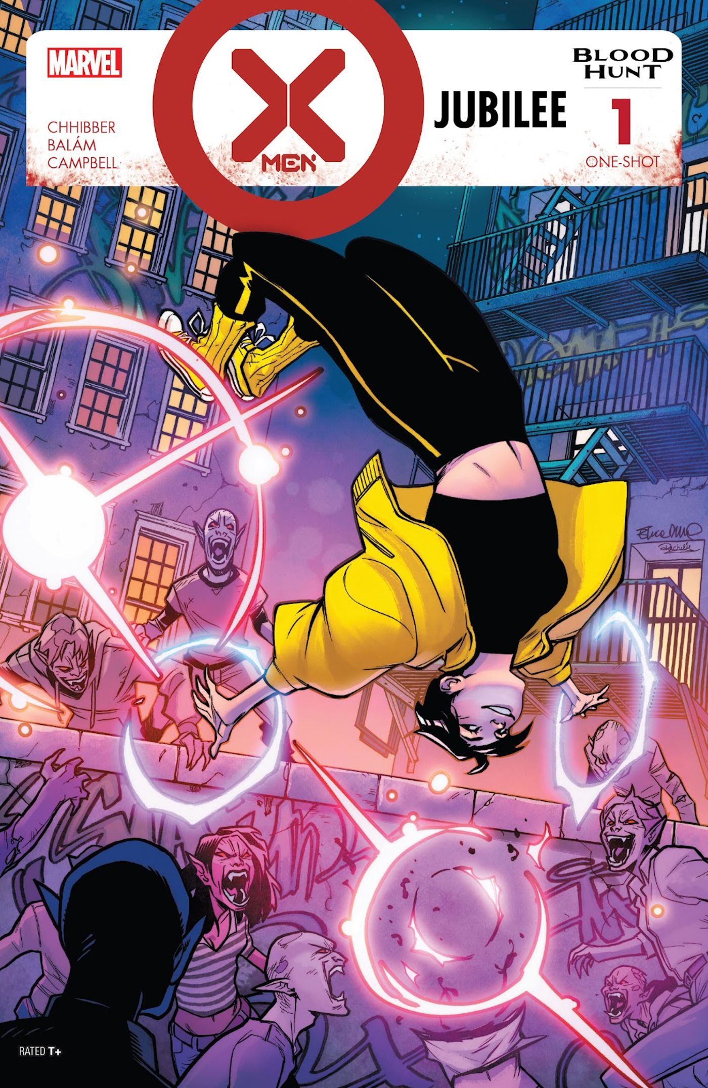 X-Men Blood Hunt Jubilee #1 cover, Jubilee doing a backflip over a crowd of vampires