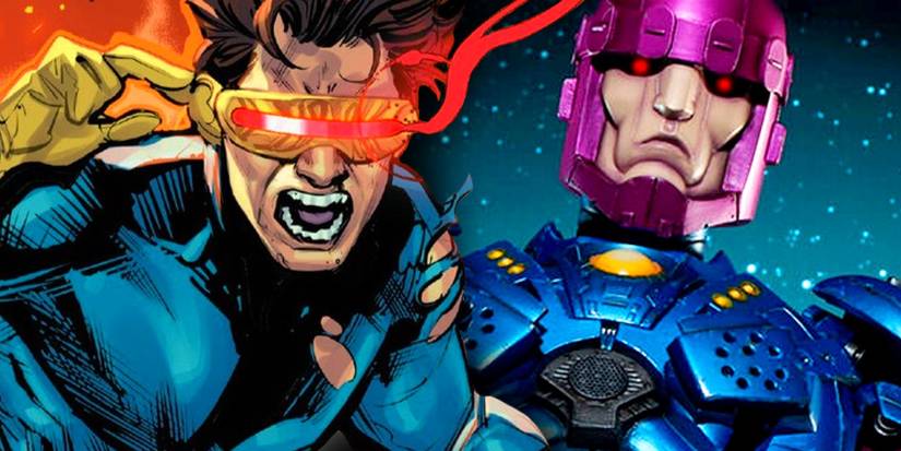 Cyclops (left) screaming in rage, as a Sentinel (right) looms against a starry backdrop.