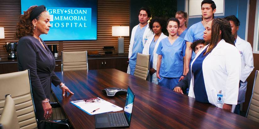 Debbie Allen as Catherine Fox, Midori Francis as Mika Yasuda, Harry Shum Jr. as Benson Blue Kwan, Niko Terho as Lucas Adams, Alexis Floyd as Simone Griffith and Chandra Wilson as Miranda Bailey in Grey's Anatomy season 20 episode 10