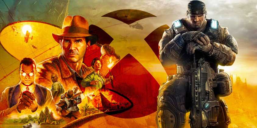 Xbox logo with keyart from Indiana Jones and the Great Circle, and Marcus Fenix from Gears of War