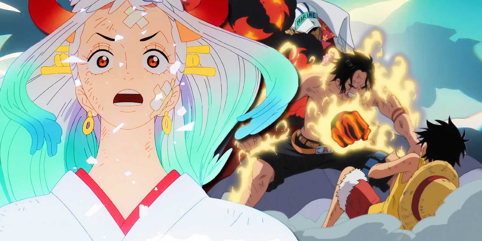 Yamato from one piece looking shocked with the scene of ace's death in the background as ace gets punched by akainu in front of luffy