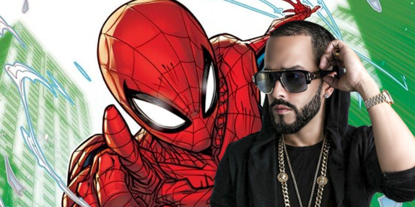 A close-up of Spider-Man swinging on a variant cover of Amazing Spider-Man #80 while Yandel stands, his hoodie half-up, with his hand on the side of his glasses