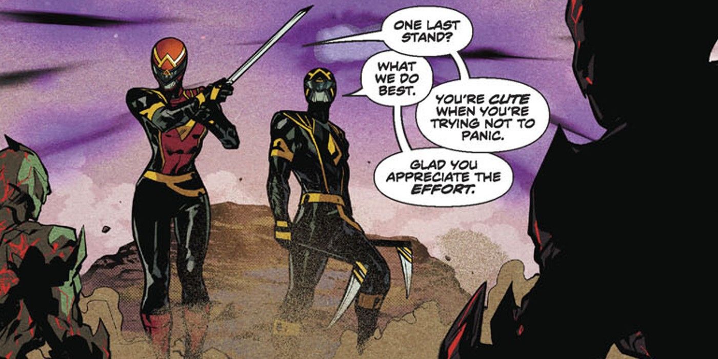 Yellow Turned Red Ranger Trini Kwan and Black Ranger Zack Taylor fight off Dark Specter's army as Omega Rangers in Mighty Morphin Power Rangers comic