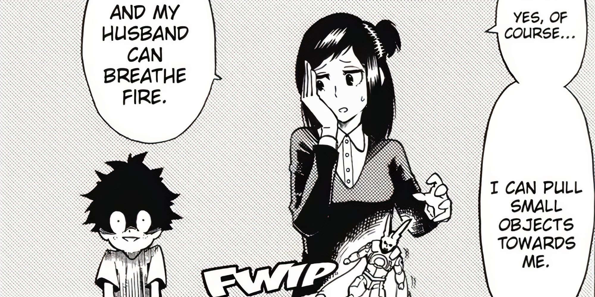 young inko with a young deku at the doctor's office in chapter 1 of y hero academia describing her and her husband's quirks