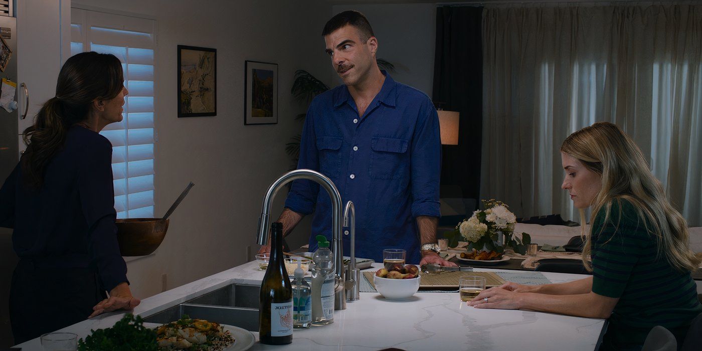 Zachary Quinto talks to his onscreen wife and sister in Adult Best Friends movie still