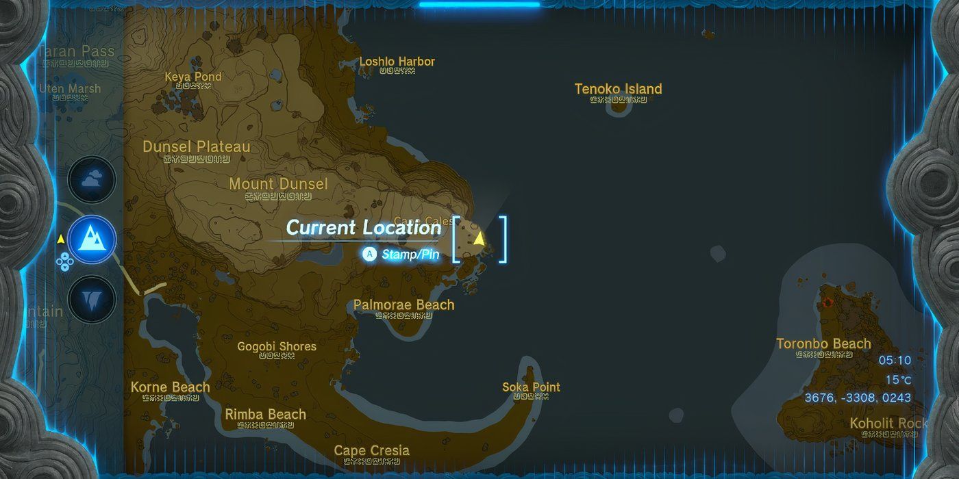 A localização da Caverna Cape Cales Cliffbase marcada em um mapa em Zelda Tears of the Kingdom