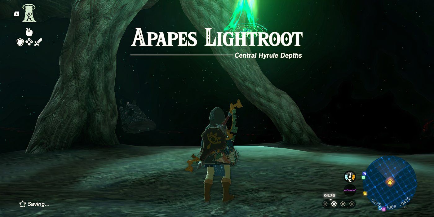 Link em pé na frente do Apapes Lightroot em The Legend of Zelda: Tears of the Kingdom