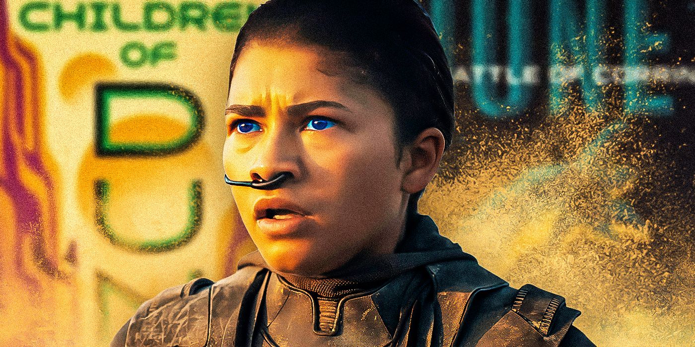 Chani (Zendaya) stands wearing her stillsuit and looking horrified in Dune: Part 2 with the covers of the Dune books in the background.