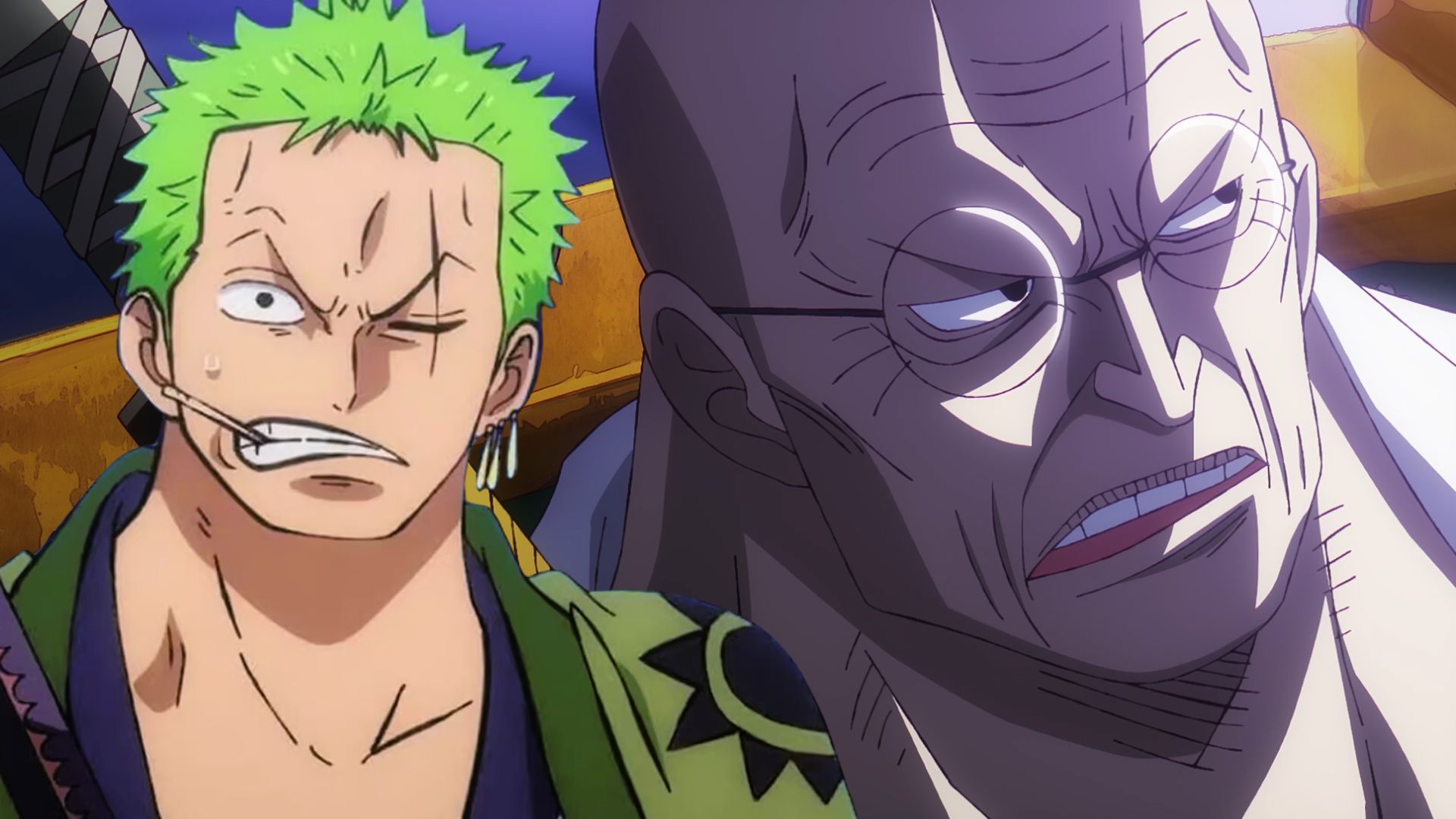 Zoro looking confused in his Wano outfit while Nusjuro is in the background